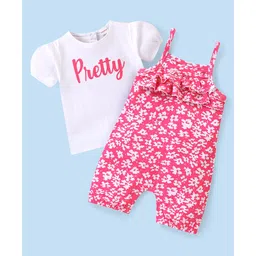 Babyhug 100% Cotton Knit Dungaree and Half Sleeves Printed Top - White & Pink-picture-26