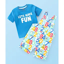 Babyhug 100% Cotton Knit Dungaree & Half Sleeves T-Shirt Set With Text & Number Print - Blue-picture-14