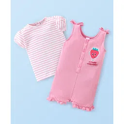 Babyhug 100% Cotton Knit Dungaree with Half Sleeves Striped Tee Strawberry Applique - Pink-picture-37