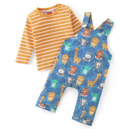 Babyhug 100% Cotton Knit Dungarees & Full Sleeves T-Shirt With Striped & Animals Print - Orange & Blue-picture-24