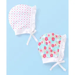 Babyhug 100% Cotton Knit Floral & Polka Dots Printed Cap Pack of 2- Multicolour-picture-20
