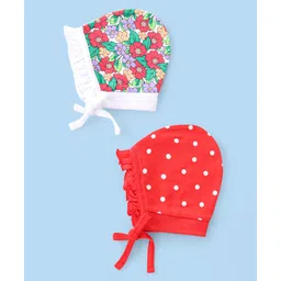 Babyhug 100% Cotton Knit Floral & Polka Dots Printed Caps with Knot Pack of 2 - Red & White-picture-23