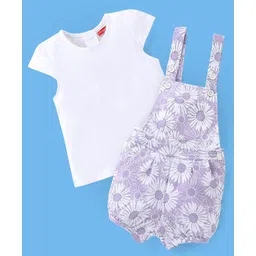Babyhug 100% Cotton Knit Floral Print Dungaree with Half Sleeves Inner Tee - White & Lilac-picture-38