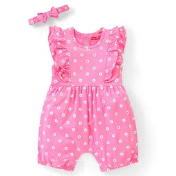 Babyhug 100% Cotton Knit Frill Sleeves Floral Print Romper with Headband - Pink-picture-23