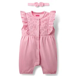 Babyhug 100% Cotton Knit Frill Sleeves Front Open Romper with Hairband & Schiffli Detailing - Pink-picture-37
