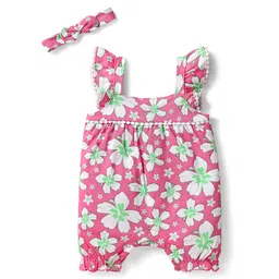 Babyhug 100% Cotton Knit Frill Sleeves Romper with Floral Print & Headband - Pink-picture-14