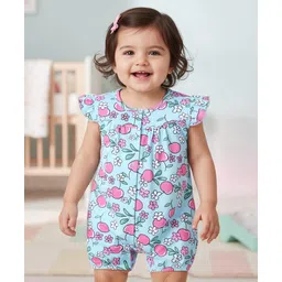 Babyhug 100% Cotton Knit Frill Sleeves Romper With Floral Print - Light Blue-picture-15