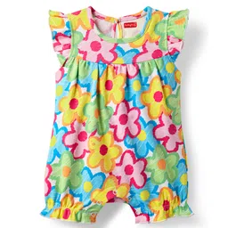 Babyhug 100% Cotton Knit Frill Sleeves Romper With Floral Print - Multicolor-picture-12