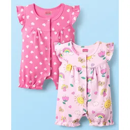 Babyhug 100% Cotton Knit Frill Sleeves Romper with Heart & Floral Print Pack of 2 - Pink & Dark Pink-picture-18