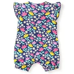 Babyhug 100% Cotton Knit Frill Sleeves Romperwith Floral Print & Bow Applique - Navy Blue image 2