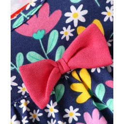 Babyhug 100% Cotton Knit Frill Sleeves Romperwith Floral Print & Bow Applique - Navy Blue image 3