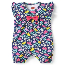 Babyhug 100% Cotton Knit Frill Sleeves Romperwith Floral Print & Bow Applique - Navy Blue-picture-10