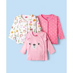 Babyhug 100% Cotton Knit Full Sleeves Antibacterial Front Open jhabla with Heart & Animal Print Pack of 3 - Pink & White-picture-18