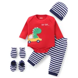 Babyhug 100% Cotton Knit Full Sleeves  Booties Striped &  Dino Printed Onesie with Leggings Pair of Mittens & Booties - Red-picture-17
