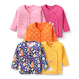 Babyhug 100% Cotton Knit Full Sleeves Floral Animal & Polka Dots Printed Jhablas Pack of 5 - Navy Blue Orange & Yellow-picture-26