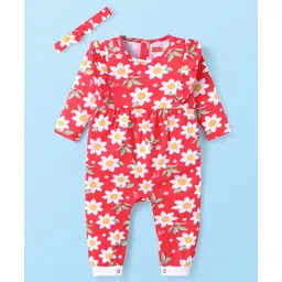 Babyhug 100% Cotton Knit Full Sleeves Floral Printed Romper with Hairband & Frill Detailing - Red-picture-31