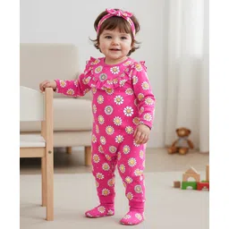 Babyhug 100% Cotton Knit Full Sleeves Frill Detailed Romper with Headband & Booties Floral Print- Dark Pink-picture-27