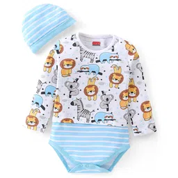 Babyhug 100% Cotton Knit Full Sleeves Onesie with Cap Lion Print - White-picture-16