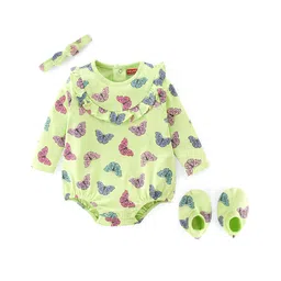 Babyhug 100% Cotton Knit Full Sleeves Onesie with Hairband & Booties Butterfly Print - Green-picture-12