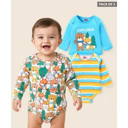 Babyhug 100% Cotton Knit Full Sleeves Onesies with Striped & Animal Print Pack of 3 - Blue White& Green-picture-22