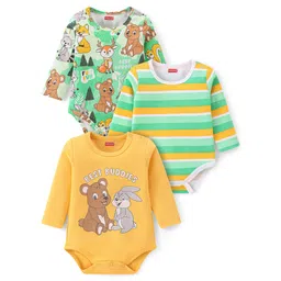 Babyhug 100% Cotton Knit Full Sleeves Onesies with Striped & Animal Print Pack of 3 - Yellow & Green-picture-18
