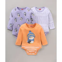 Babyhug 100% Cotton Knit Full Sleeves Penguin Printed Onesies Pack Of 3 - Multicolour-picture-18