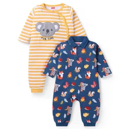Babyhug 100% Cotton Knit Full Sleeves Striped & Animal Printed Romper Pack of 2 - Orange & Navy Blue-picture-11