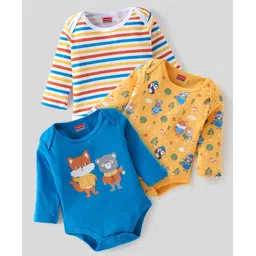 Babyhug 100% Cotton Knit Full Sleeves Striped & Fox Printed Onesies Pack of 3 - Yellow & Blue-picture-31