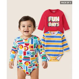 Babyhug 100% Cotton Knit Full Sleeves Striped & Text Printed Onesies Pack of 3 - Red & White-picture-37