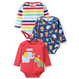 Babyhug 100% Cotton Knit Full Sleeves Striped Onesies Animal Print Pack of 3 - Navy Blue & Red-picture-15