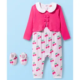 Babyhug 100% Cotton Knit Full Sleeves Striped Romper with Booties & Cherry Print - Multicolor-picture-30