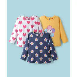 Babyhug 100% Cotton Knit Full Sleeves T-Shirt with Floral & Heart Print Pack of 3 - Navy Blue Yellow & White-picture-25