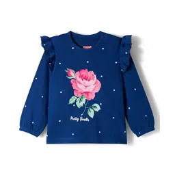 Babyhug 100% Cotton Knit Full Sleeves T-Shirt with Floral Print & Frill Detailing - Navy Blue-picture-23