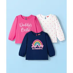Babyhug 100% Cotton Knit Full Sleeves T-Shirt with Heart & Rainbow Print Pack of 3 - Navy Blue White & Pink-picture-26