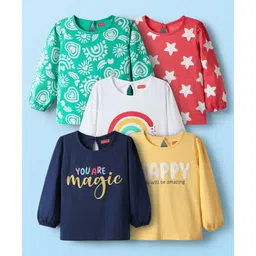 Babyhug 100% Cotton Knit Full Sleeves T-Shirt with Star & You Are Magic Text Print Pack of 5 - Light Green & Navy Blue-picture-36