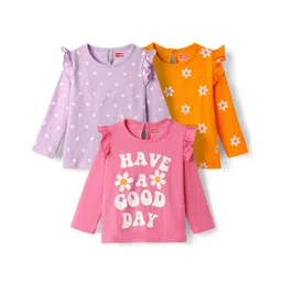 Babyhug 100% Cotton Knit Full Sleeves T-Shirts with Floral Print Pack of 3 - Orange & Lilac-picture-17