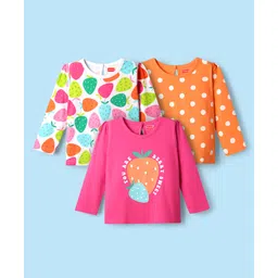 Babyhug 100% Cotton Knit Full Sleeves T-Shirts with Strawberry & Polka Dots Print Pack of 3 - White Pink & Orange-picture-28