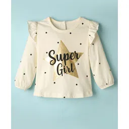 Babyhug 100% Cotton Knit Full Sleeves Top with Star Foil Print & Frill Detailing - Off White-picture-30
