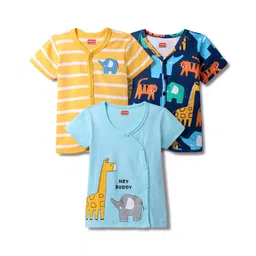 Babyhug 100% Cotton Knit Half Sleeves Anti Bacterial Striped & Animal Printed Front Open Vests Pack of 3 - Yellow Light & Navy Blue-picture-27