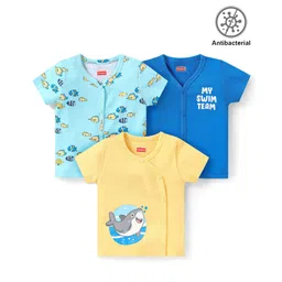 Babyhug 100% Cotton Knit Half Sleeves Antibacterial Set of Vest with Fish & Text Print Pack of 3 - Multicolour-picture-24
