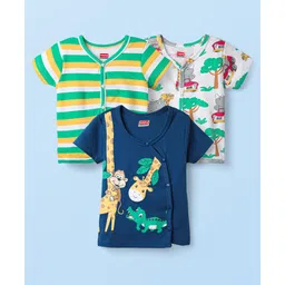 Babyhug 100% Cotton Knit Half Sleeves Antibacterial Striped & Animal Printed Front Open Vests Pack of 3 - Navy Blue Green & White-picture-23