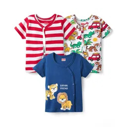 Babyhug 100% Cotton Knit Half Sleeves Antibacterial Striped & Animal Printed Front Open Vests Pack of 3 - Navy Blue Red & White-picture-22