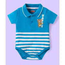 Babyhug 100% Cotton Knit Half Sleeves Collared Onesie with Bear Print & Stripes - Blue-picture-38