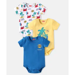 Babyhug 100% Cotton Knit Half Sleeves Crab Printed Onesies Pack of 3 - Blue Yellow & White-picture-26