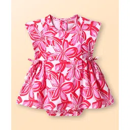 Babyhug 100% Cotton Knit Half Sleeves Frock Style Onesie with Floral Print - Pink-picture-19