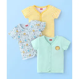 Babyhug 100% Cotton Knit Half Sleeves Front Open Vest Stripes & Jungle Print Pack of 3 - Yellow & Blue-picture-38