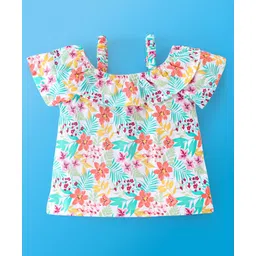 Babyhug 100% Cotton Knit Half Sleeves Off Shoulder Top Floral Print - Multicolour image 2