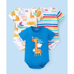 Babyhug 100% Cotton Knit Half Sleeves Onesies Animal Print Pack of 3- Multicolor-picture-12