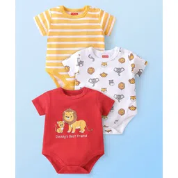 Babyhug 100% Cotton Knit Half Sleeves Onesies Animal Print Pack of 3 - Multicolour-picture-24