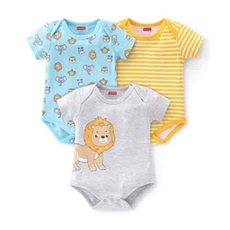 Babyhug 100% Cotton Knit Half Sleeves Onesies Striped & Animal Print Pack of 3 - Blue Yellow & Grey-picture-27